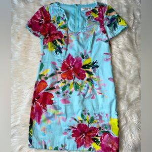 Trina Turk Blue Rashida Floral Frayed Trim Sheath Dress